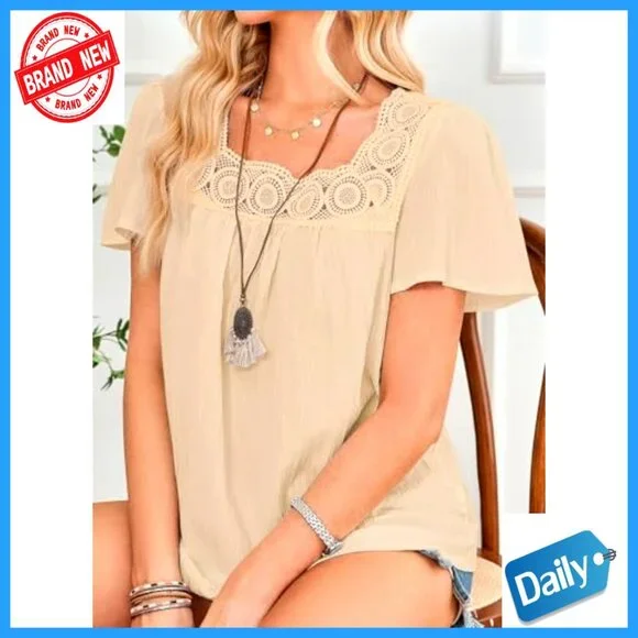 Girls Flowy Short Sleeve Peasant Top Lace Hem Textured Fabric